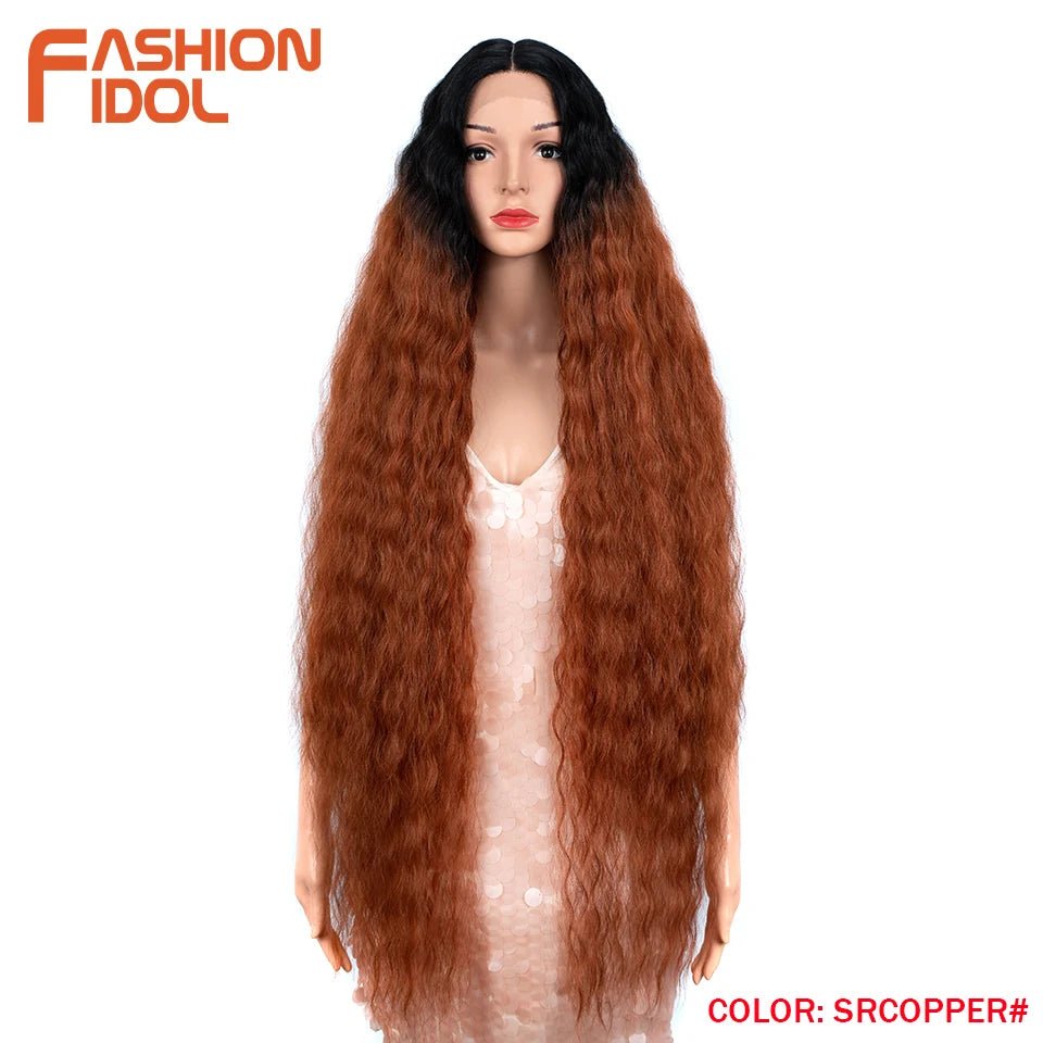 Synthetic Wigs Cosplay Loose Wave Hair Lace Front Wigs For Women Ombre Brown Water Wave 42 Inch Curly Hair Heat Resistant Wig