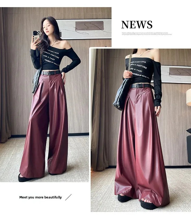 High Waist Wide Leg PU Leather Pants Women's Suit Casual Floor Length Trousers Autumn Winter New Style Loose Fit Long Pants