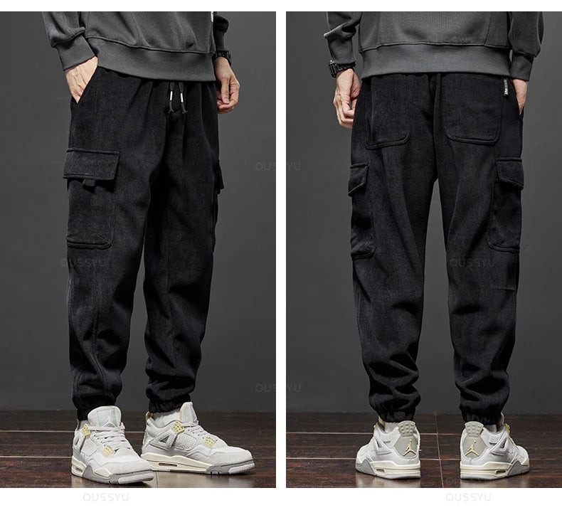 Winter Men's Fleece Warm Cargo Corduroy Pants Jogging Sweatpants Work Y2k Korean Pants Loose Harem Casual Trousers for Men