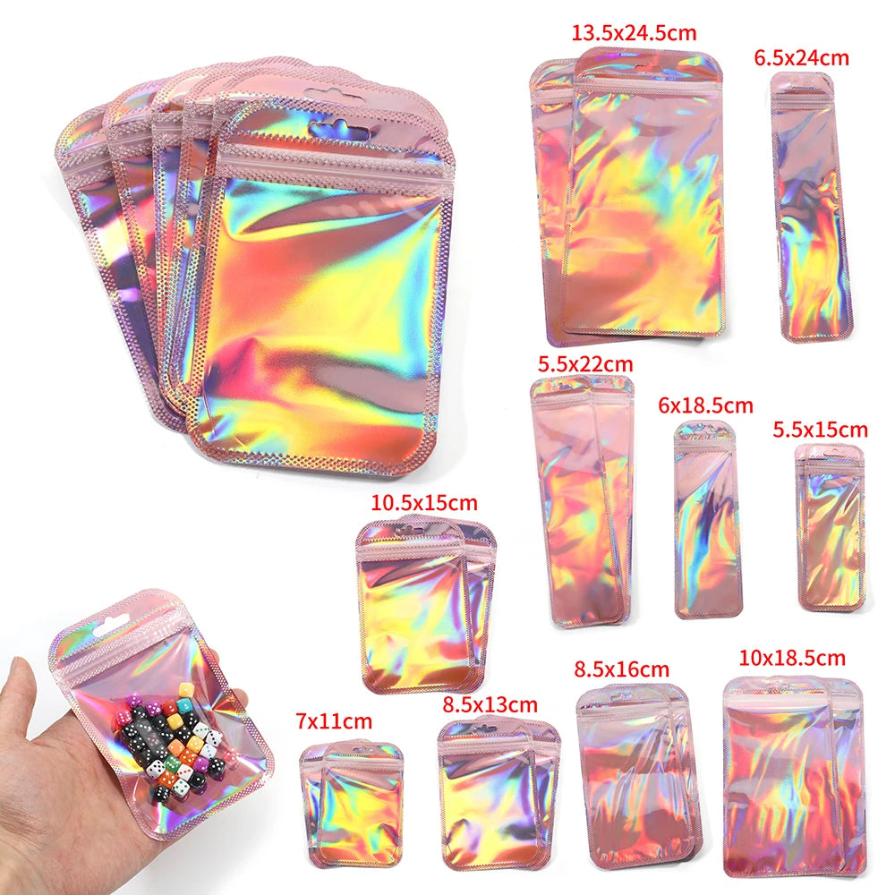 50pcs Iridescent Self Sealing Bags Pink Laser Plastic Pouches Resealable Zip Lock Packaging for Jewelry Display Retail Bags