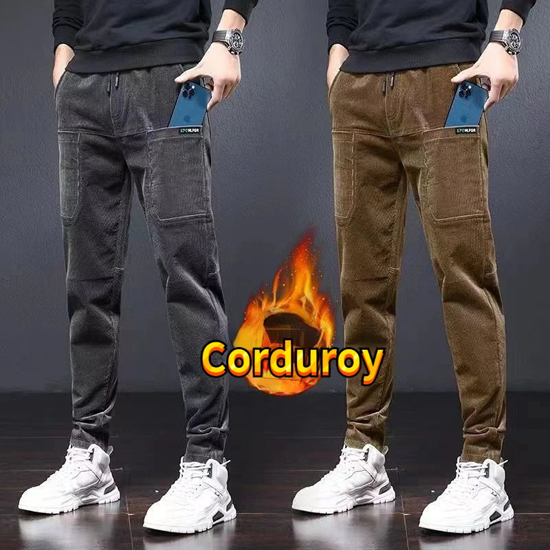 Winter Pants Men Work Wear Baggy Brushed Joggers Streetwear Elastic Waist Male Korean Designer Corduroy Plush Thicken Trousers