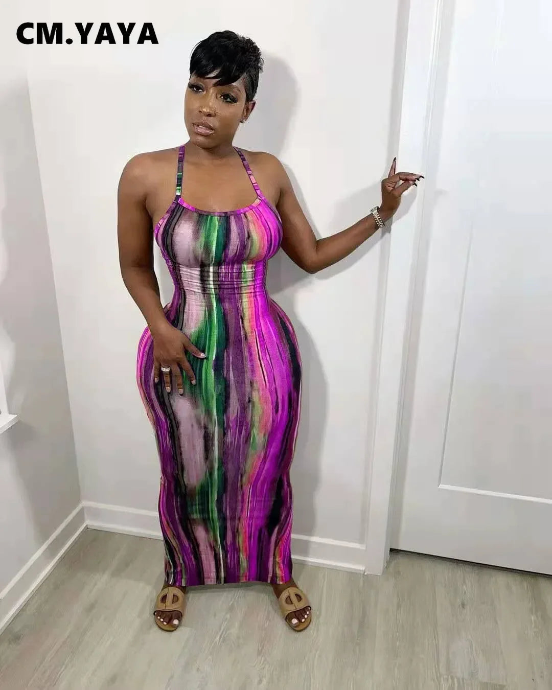CM.YAYA Tie Dye Print Halter Open Back Maxi Dress Women Bodycon Sleeveless Splited Back Pencil Midi Long Dresses Summer 2021