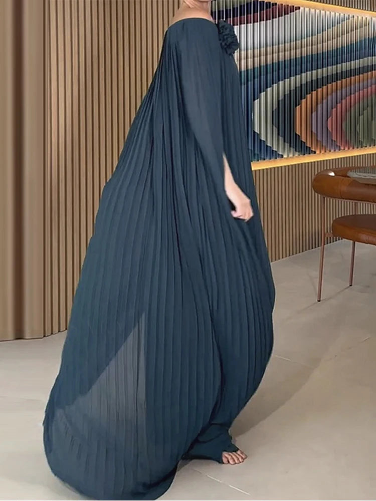 Beautyblue Women's Evening Dresses Elegant Maxi Dresses Loose Gauze Pleated Solid Color Tiered Off-The-Shoulder New Female Robe