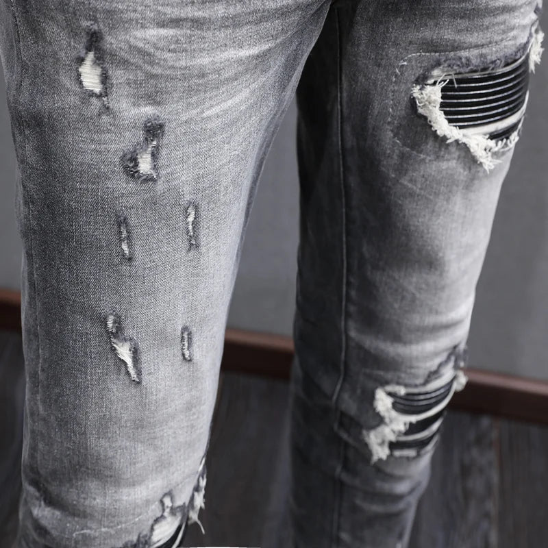 Designer Fashion New High Quality Black Grey Jeans Elastic Slimming Perforated Patch Washed Jeans High Street Hip Hop Brand Pant