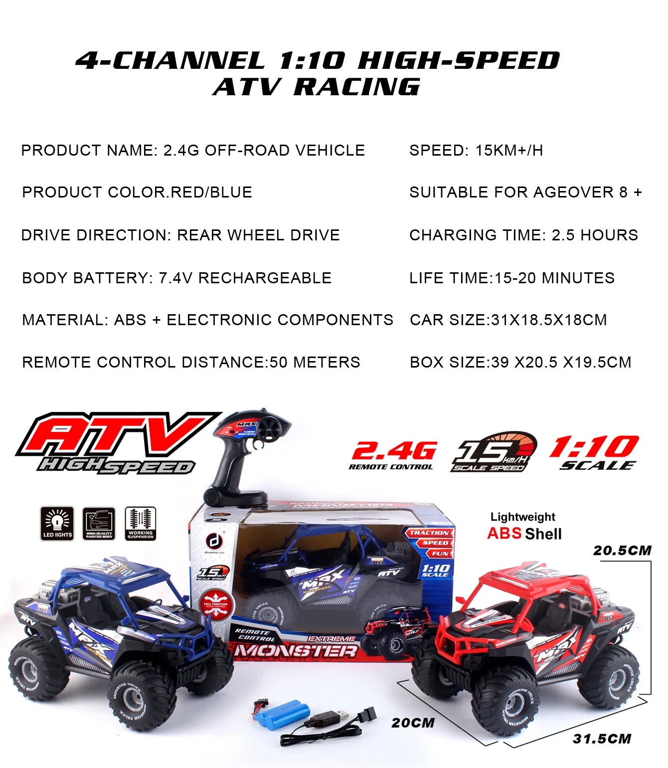 RC Car for Kids, 4WD Buggy Alloy, High Horsepower, Climbing, Rechargeable, Drop Resistant, Toys for Boys, Racing