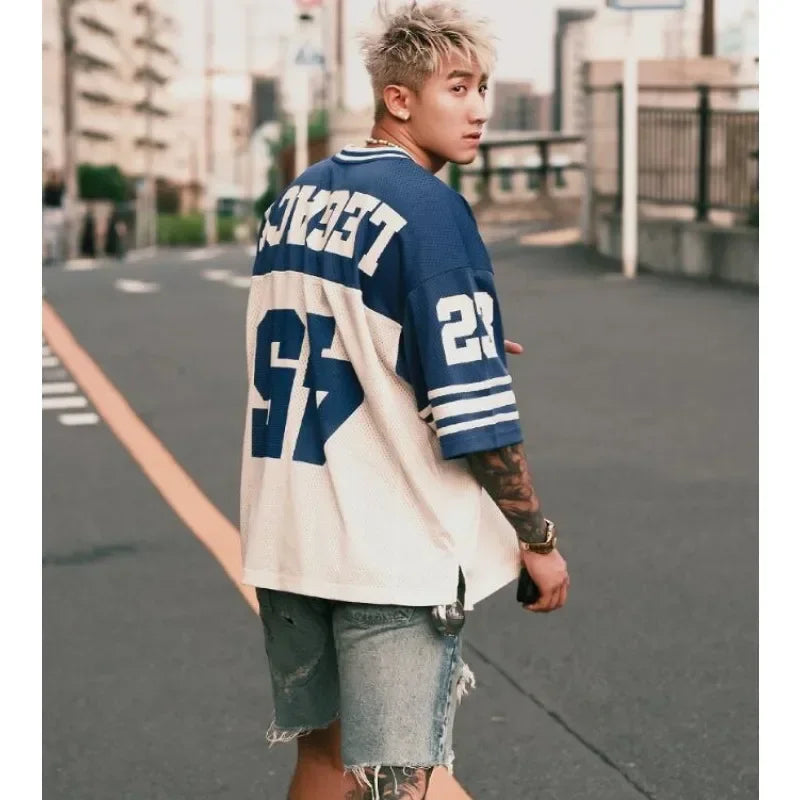 European and American Men's and Women's Football Enthusiasts Fashionable V-neck Short Sleeved T-shirt Retro Rugby Football Tops