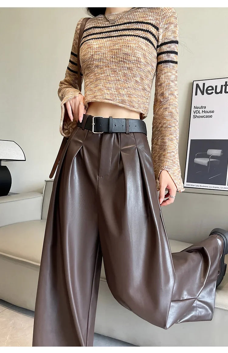 High Waist Wide Leg PU Leather Pants Women's Suit Casual Floor Length Trousers Autumn Winter New Style Loose Fit Long Pants
