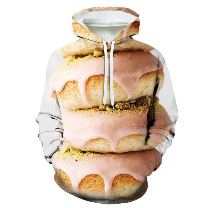 3D Printing Steak Salad French Fries Food Hoodie For Men Long Sleeves Hooded Sweatshirt Hamburger Pattern Casual Pullovers