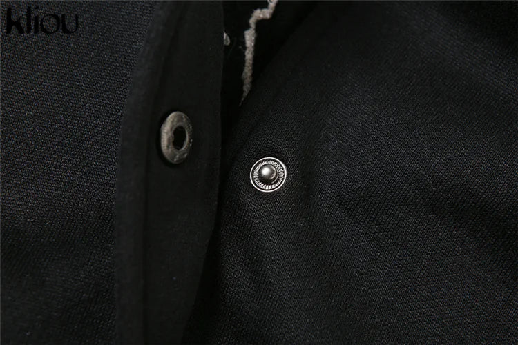 Kliou Letter Shape Patchwork Coats Women Casual Classic Panelled Long Sleeve Single Breasted Croped Jacket Female Street Outwear