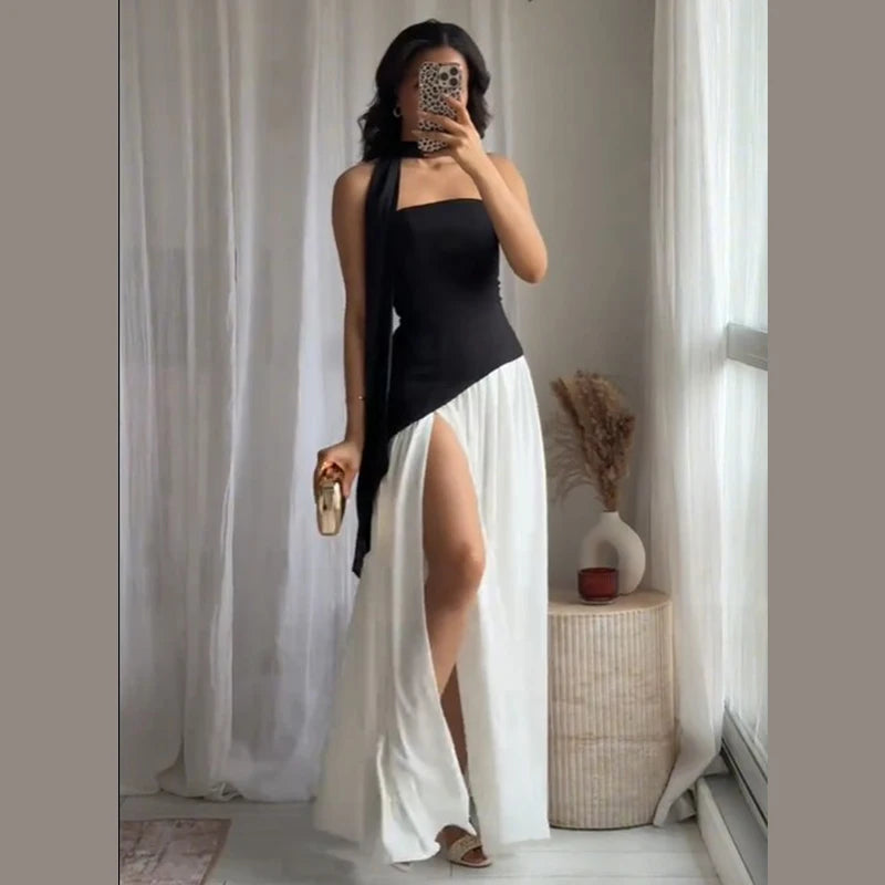Fashion Contrast Women's V-neck Sling Long Dress For Women Elegant Pleated Backless Sleveless Maxi Dresses Lady Evening Vestidos