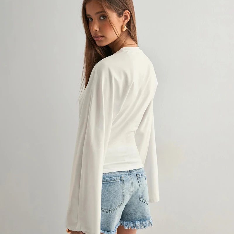 CUTENOVA Women Solid Color Round Neck Front Shoulder Wide Long Sleeves Cinched Waist Slim Top Daily Casual Simple Versatile Tops