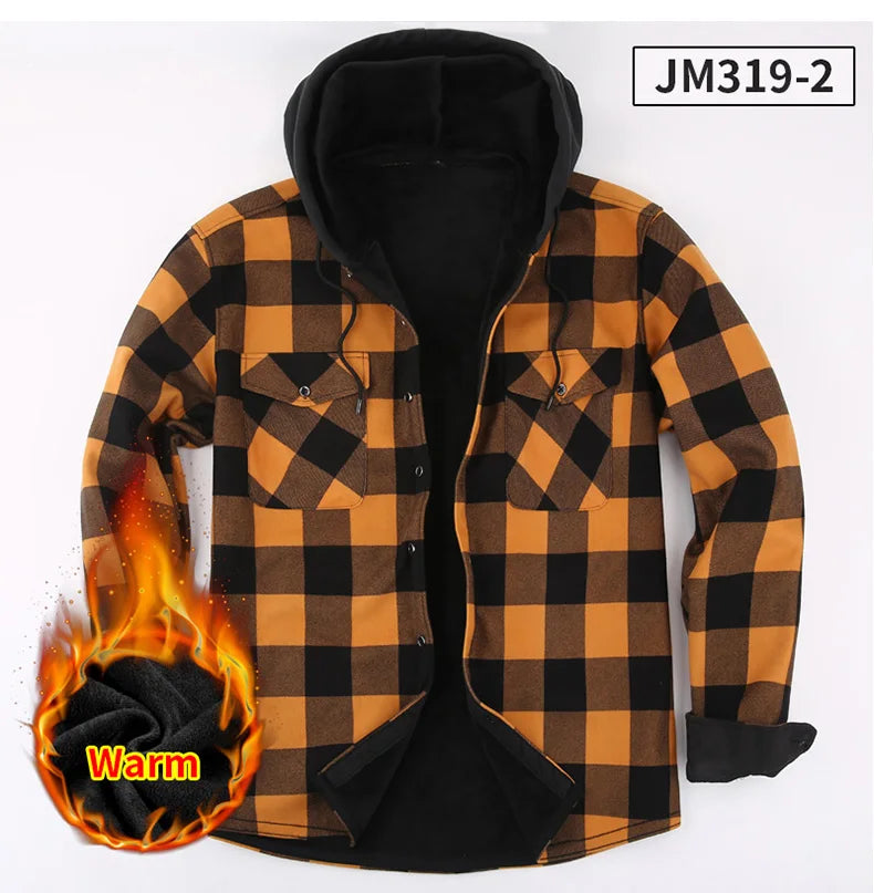 Fashion korean popular clothes winter Adding velvet and thickening long-sleeve shirts for men casual Hooded jacket plaid tops