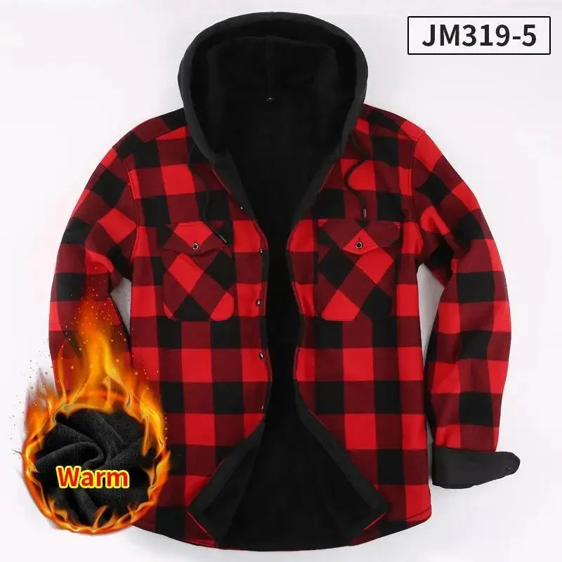 Plus Size Men's Hooded Plaid Shirt Warm Fleece Lined And Thickened Top Long Sleeve Outerwear For Autumn/Winter