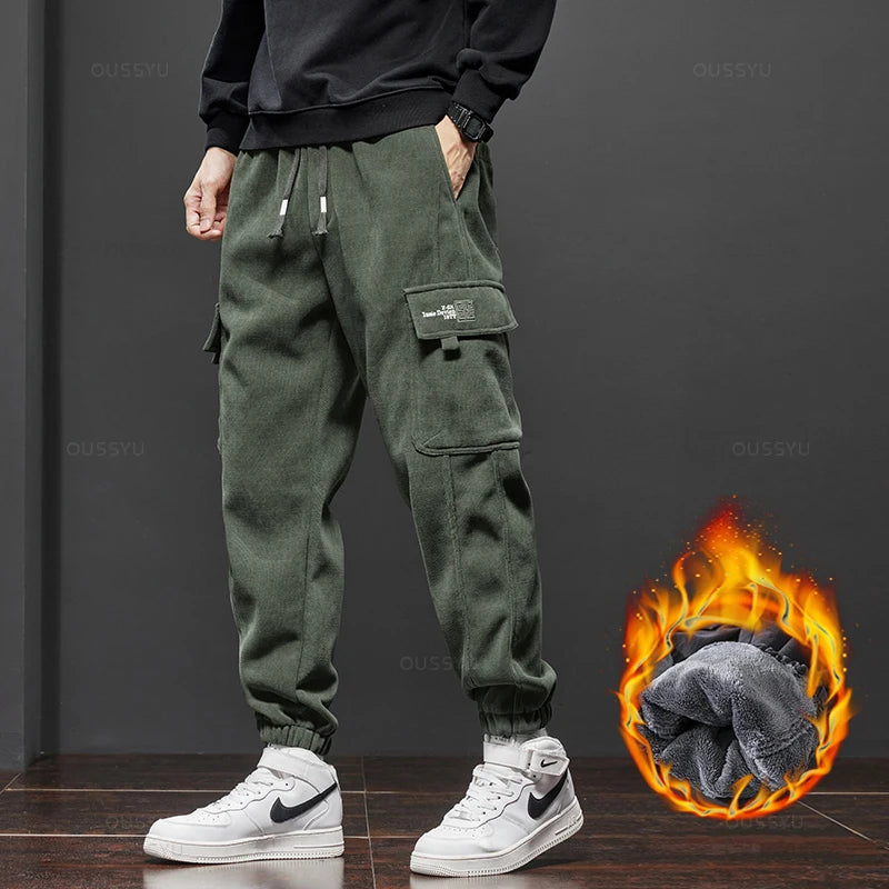Winter Men's Fleece Warm Cargo Corduroy Pants Jogging Sweatpants Work Y2k Korean Pants Loose Harem Casual Trousers for Men