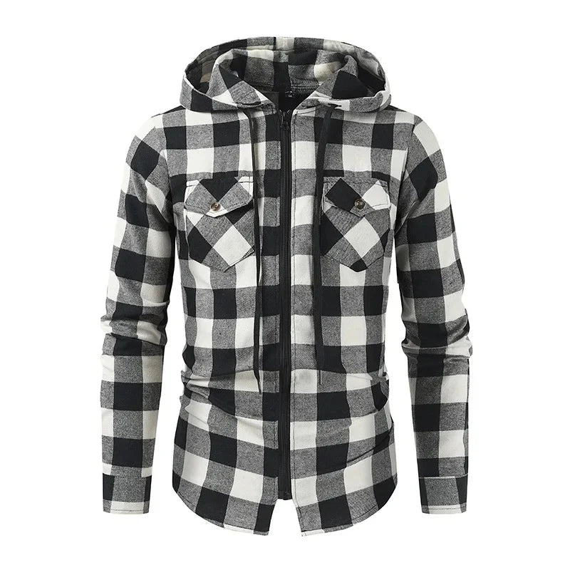 Men's New Plaid Hooded Sweater Long Sleeve Casual Thin Jacket Stand Hooded Shirt European Style Fashionable Outwear