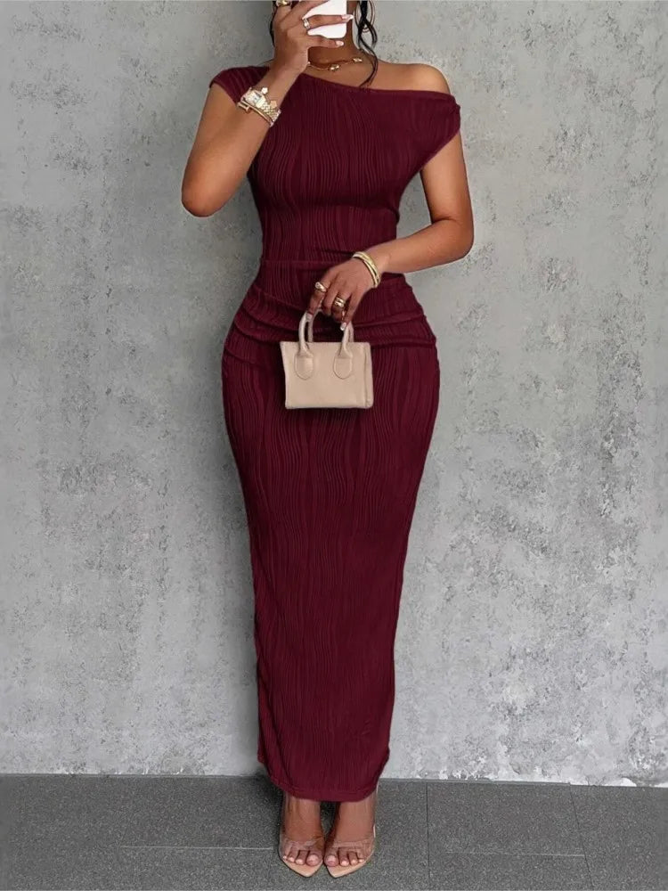 Fashion Water Ripple Slanted Shoulder Dress Women's Elegant And Simple Solid Color A-line Collar Mid-waist Sexy Hip Wrap Skirt