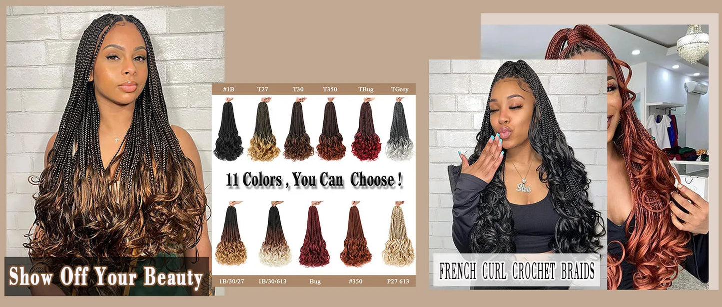 14 18 24 Inch French Curl Box Braids Crochet Hair Ombre Brown to Blonde Prelooped Synthetic French Curls Braiding Hair for Women