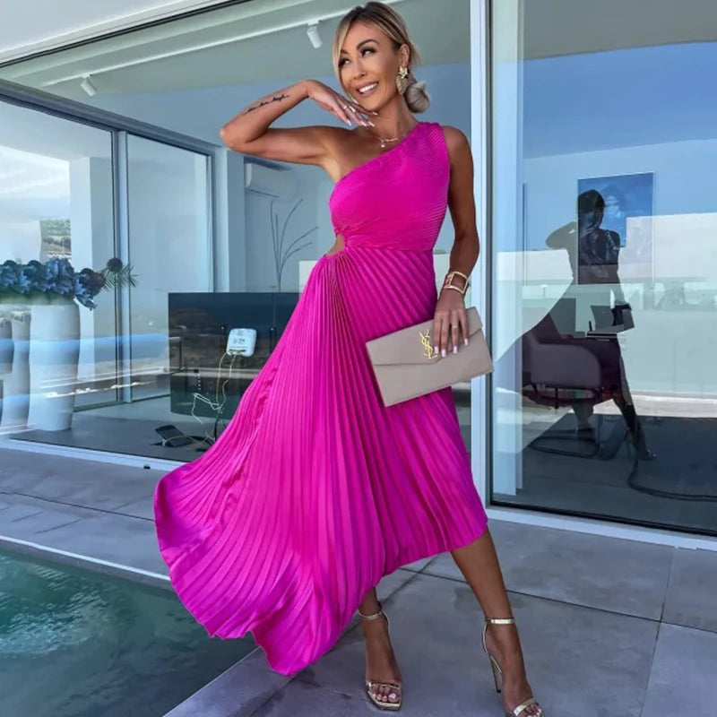 Ardm Elegant Oblique Shoulder Pleated Asymmetric Summer Dresses For Women 2023 Sexy Backelss Hollow Out Party Maxi Dress Vestido