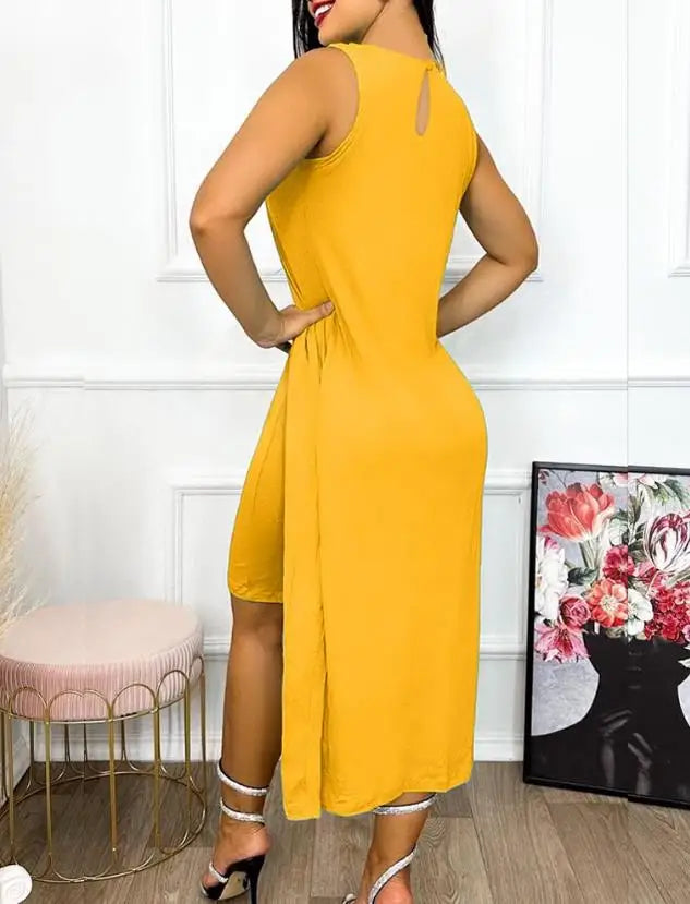 Dresses for Women 2023 Summer Fashion Keyhole Neck Sleeveless Cutout O-Ring Decor Slit Asymmetrical Casual Dress Clothing