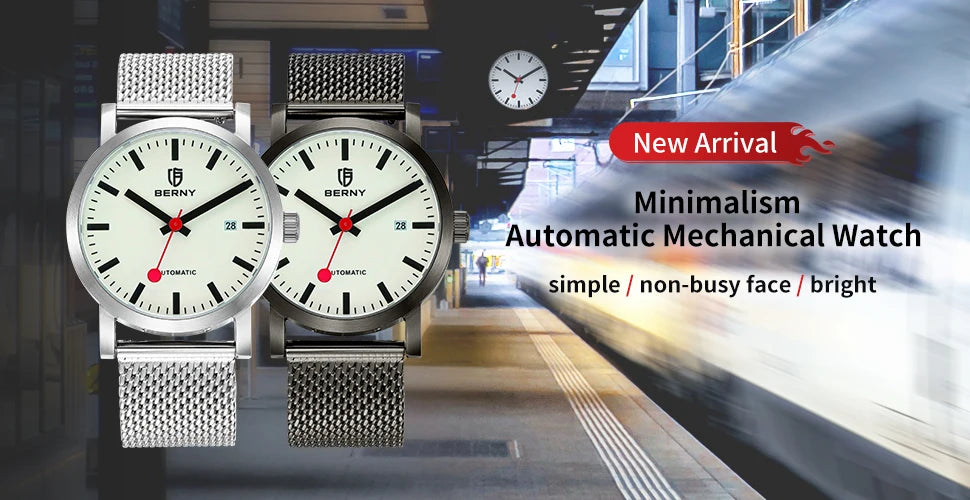 BERNY Watch for Men Automatic Self-Wind Luxury Watch Sappire MIYOTA 8215 Top Luminous 5ATM Mechanical Railroad Wristwatch