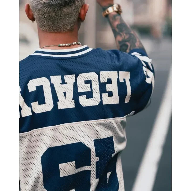 European and American Men's and Women's Football Enthusiasts Fashionable V-neck Short Sleeved T-shirt Retro Rugby Football Tops