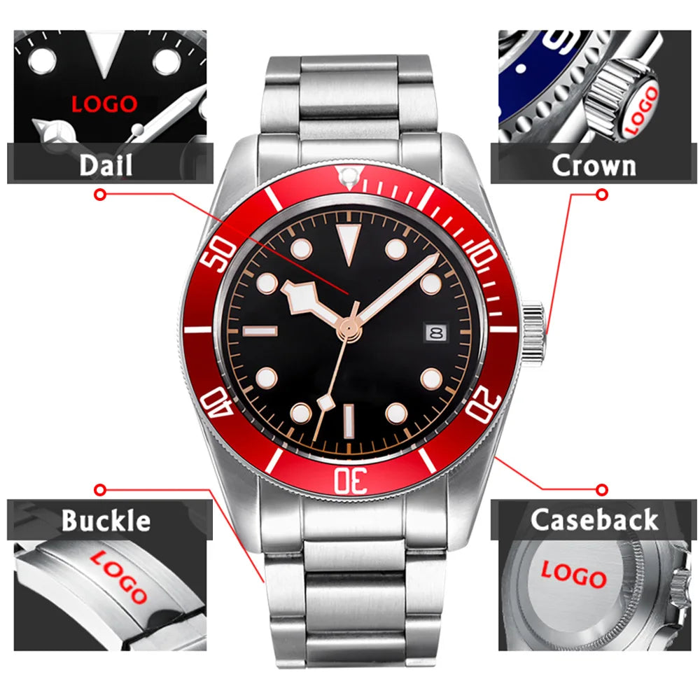 Custom Logo Diy NH35 Movement 1612 Luxury 41mm Biwan Business Men Watches Automatic Mechanical Date Diving Waterproof Glow Watch
