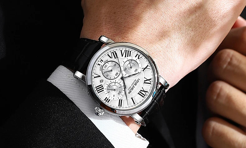 Fashion Mens Watches Top Brand Luxury Genuine Leather Strap Quartz Men's Watch Business Casual Date Chronograph Watch Men