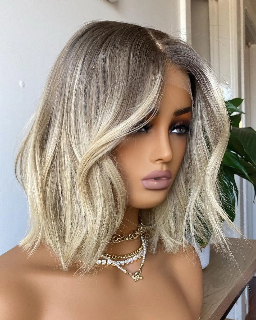 Synthetic Wig Hair Highlight Ash Blonde Straight Bob For Woman Lace Front Wig Bang Brazilian Hair Short Bob Wig