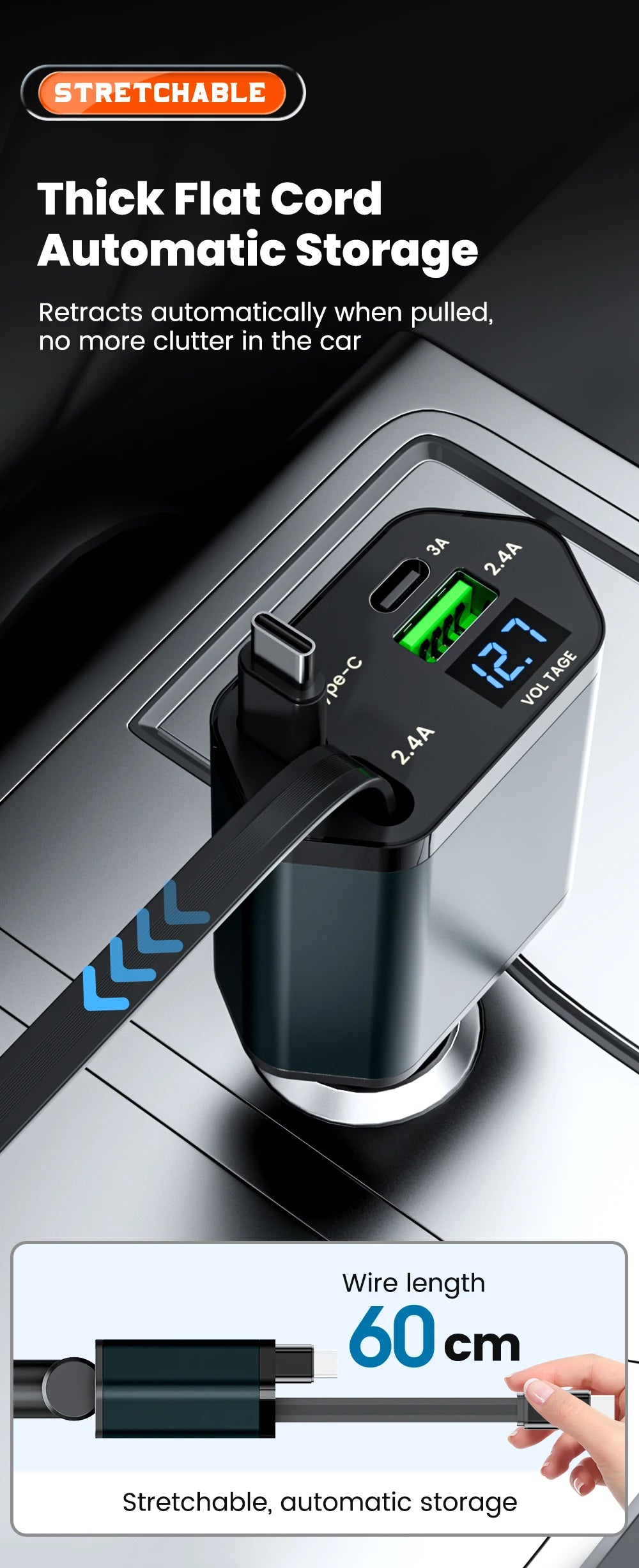 Elough 4 IN 1 Retractable Car Charger Fast Charging USB C To USB C ios Cable Charger USB Type C Car Adapter For iPhone Huawei