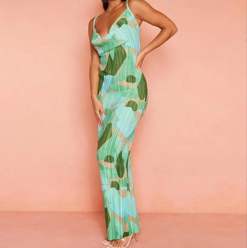 Folds Print Spaghetti Strap Slim Long Dresses Women Fashion Sexy Low Cut Package Hip Bodycon Party Dress Trendy Streetwear New