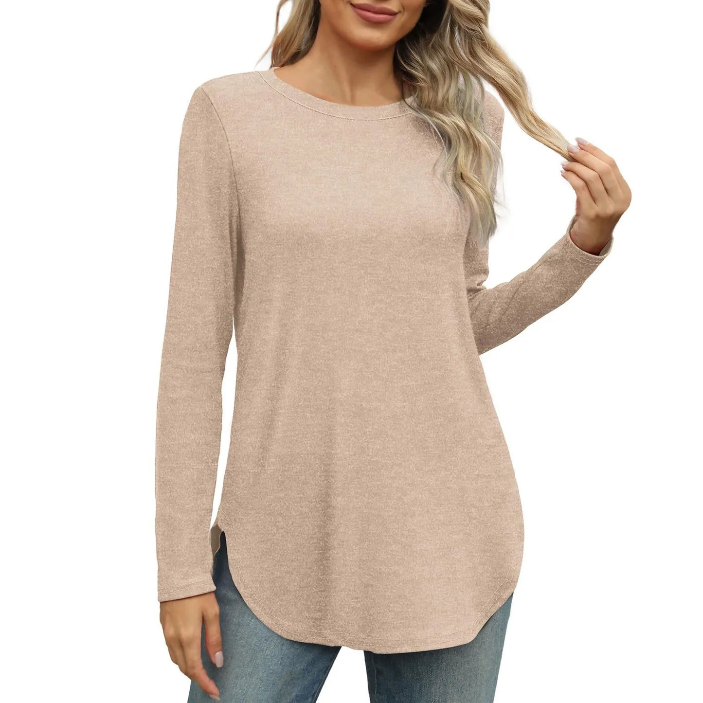 Traf 2024 Mujer Womens Long Sleeve Round Neck Shirts Side Split Basic Loose Tunic Tops Casual Shirts Ropa De Mujer Fashion