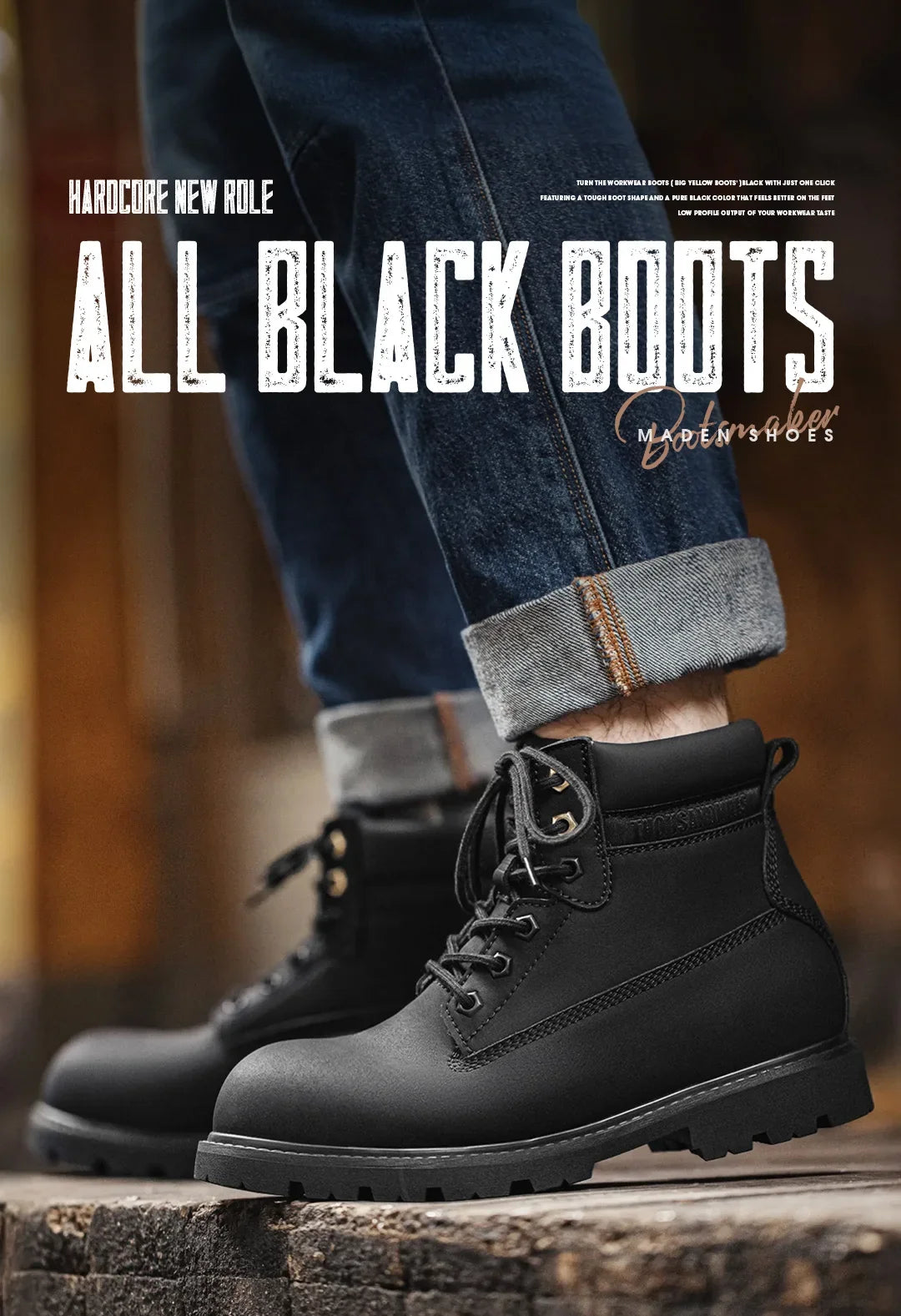 Maden Men's Versatile Black Boots Plush Lining Warmth Shoes Retro Non-Slip Thick Sole Work Boots Outdoor Casual Mid-Calf Boots