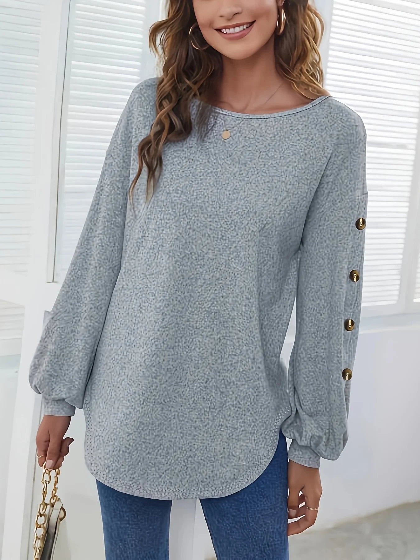 Women's Grey Round Neck Loose Knit Top - Autumn/Winter Casual Wear