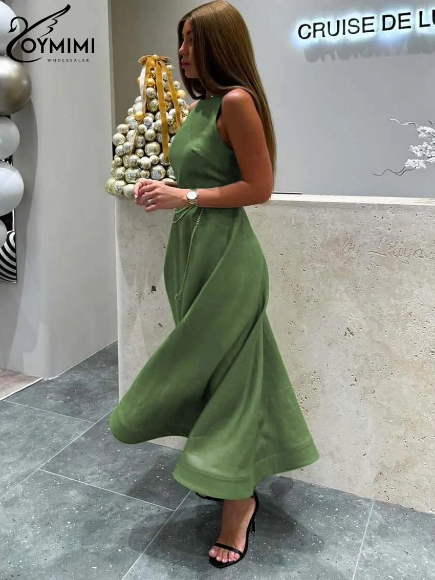 Oymimi Elegant Green Cotton Women's Dress Fashion O-Neck Sleeveless Dresses Casual New High Waist A-Line Mid-Calf Dresses Female