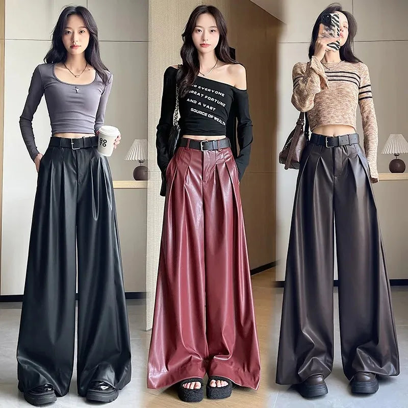 High Waist Wide Leg PU Leather Pants Women's Suit Casual Floor Length Trousers Autumn Winter New Style Loose Fit Long Pants