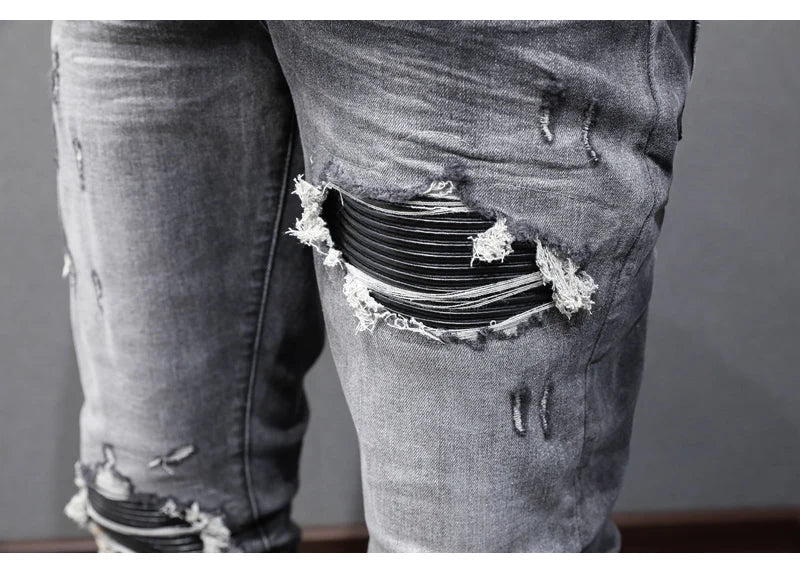 Designer Fashion New High Quality Black Grey Jeans Elastic Slimming Perforated Patch Washed Jeans High Street Hip Hop Brand Pant