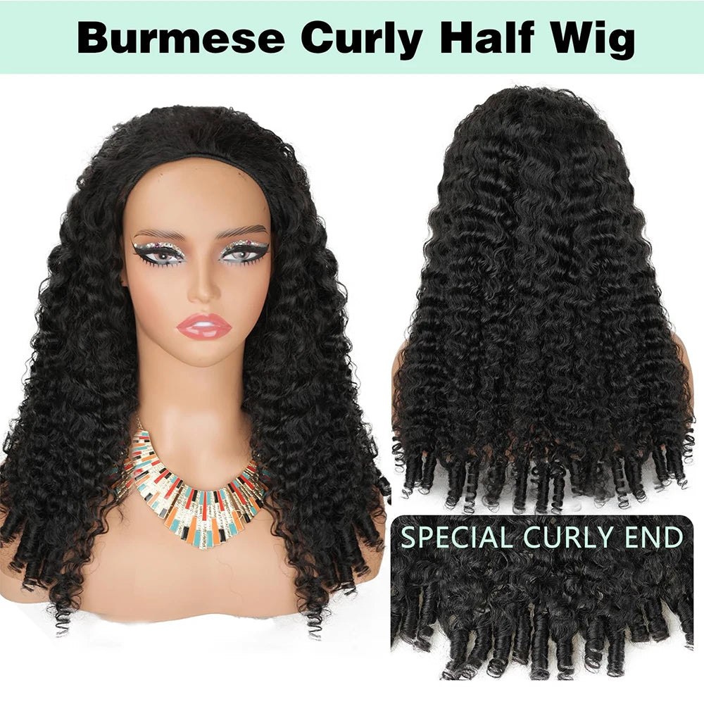 Burmese Curly Half Wig Human Hair Glueless Wig Human Hair Ready to Wear 3 IN 1 Half Wig Drawstring Burmese Glueless Half Wig