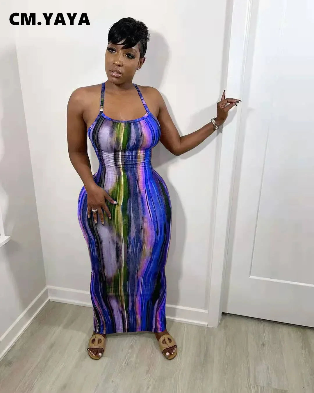 CM.YAYA Tie Dye Print Halter Open Back Maxi Dress Women Bodycon Sleeveless Splited Back Pencil Midi Long Dresses Summer 2021