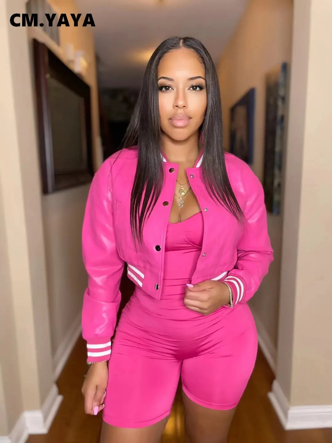 CM.YAYA Women Faux Leather Striped Side Baseball Single Breasted Jacket Winter Autumn INS Streetwear Active Outcoat