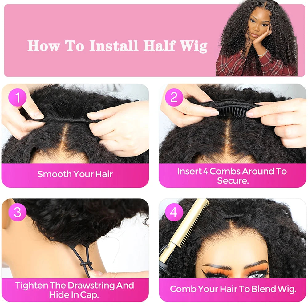 Beginner Friendly 3 In 1 Half Wig Human Hair Kinky Curly Coily Half Wig Invisible Drawstring Glueless Curly Flip Over Wig 180%