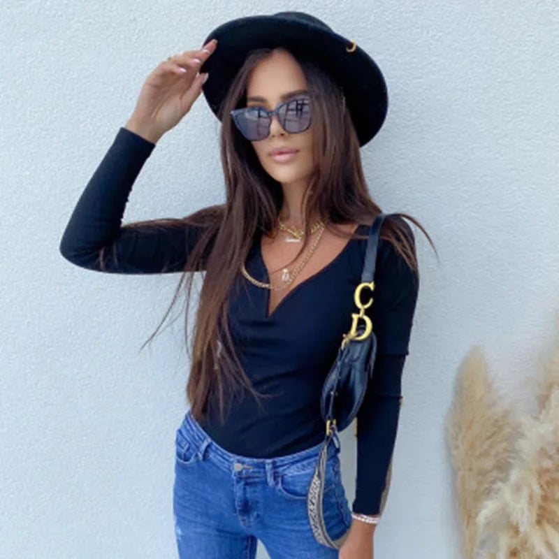 Women Sexy V Neck Solid Color Skinny Long Sleeve T Shirt Blouse Top Knitwear Elegant Casual High Street Club Party Harajuku High