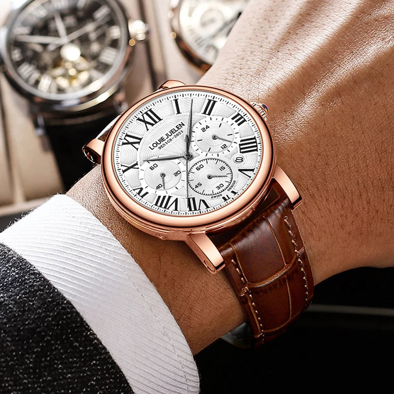 Fashion Mens Watches Top Brand Luxury Genuine Leather Strap Quartz Men's Watch Business Casual Date Chronograph Watch Men