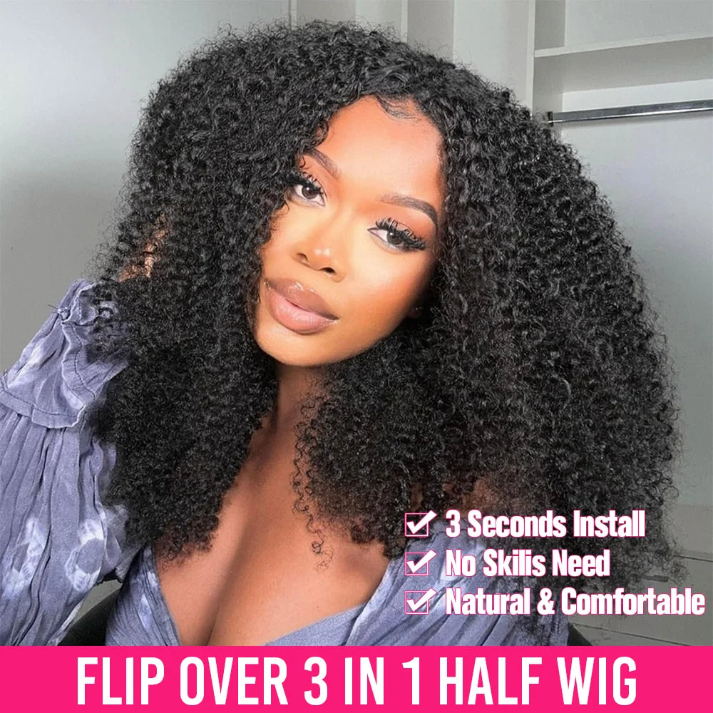 Kinky Curly Half Wig Human Hair Glueless Wear Go Wig 4C Afro Kinky Curly Headband Wig 3 IN 1 Half Wig Flip Over Clip Ins Wig