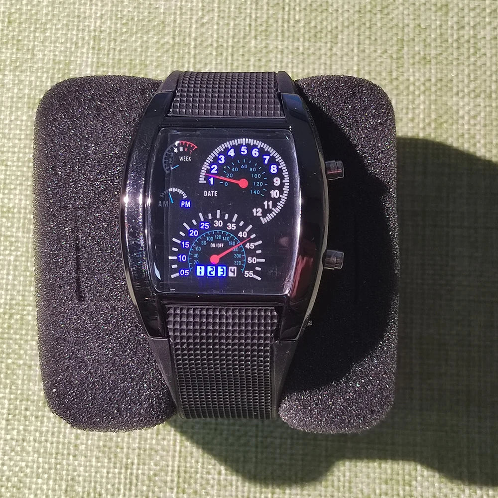 Men’s Fashion Quartz Wristwatch Sports Aviation LED Electronic Watch Fan Racing Dashboard Creative Male Digital Watch for Men
