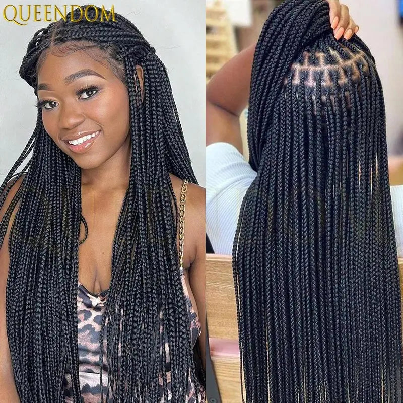 Synthetic 36 Inch Cornrow Braided Wigs for Black Women Full Lace Braids Wig Natural Black Knotless Box Wig Faux Locs Wig
