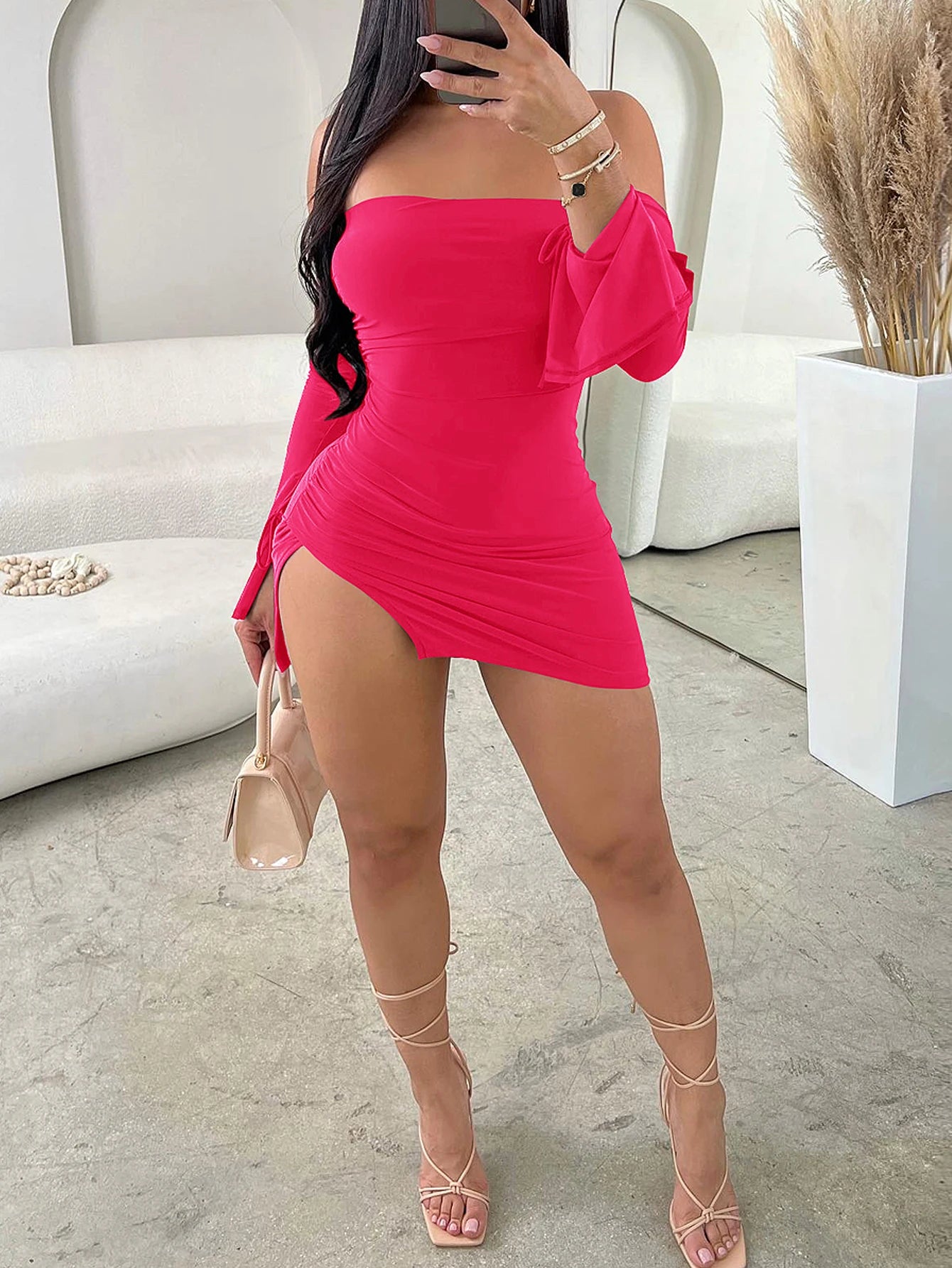 Women Strapless Backless Mini Dress For Women Black Off-shoulder Long Sleeve Bodycon Club Party Dress Clothes