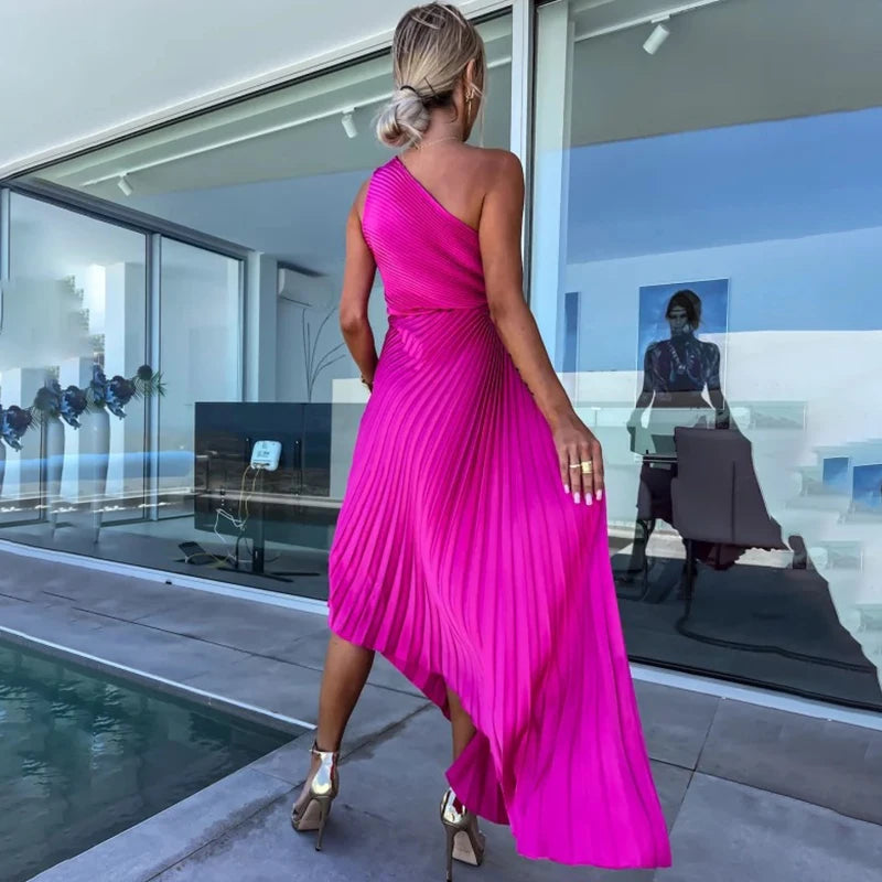 Ardm Elegant Oblique Shoulder Pleated Asymmetric Summer Dresses For Women 2023 Sexy Backelss Hollow Out Party Maxi Dress Vestido