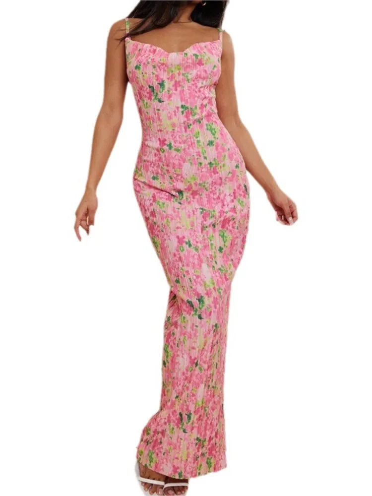 Folds Print Spaghetti Strap Slim Long Dresses Women Fashion Sexy Low Cut Package Hip Bodycon Party Dress Trendy Streetwear New