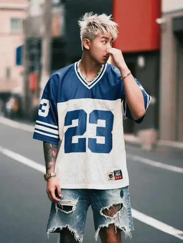 European and American Men's and Women's Football Enthusiasts Fashionable V-neck Short Sleeved T-shirt Retro Rugby Football Tops