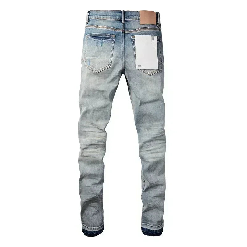 2025 Jeans Man's High Street Blue Ripped Distressed Skinny Jeans Low Rise Denim Trousers Fashion Repair Pants 9003